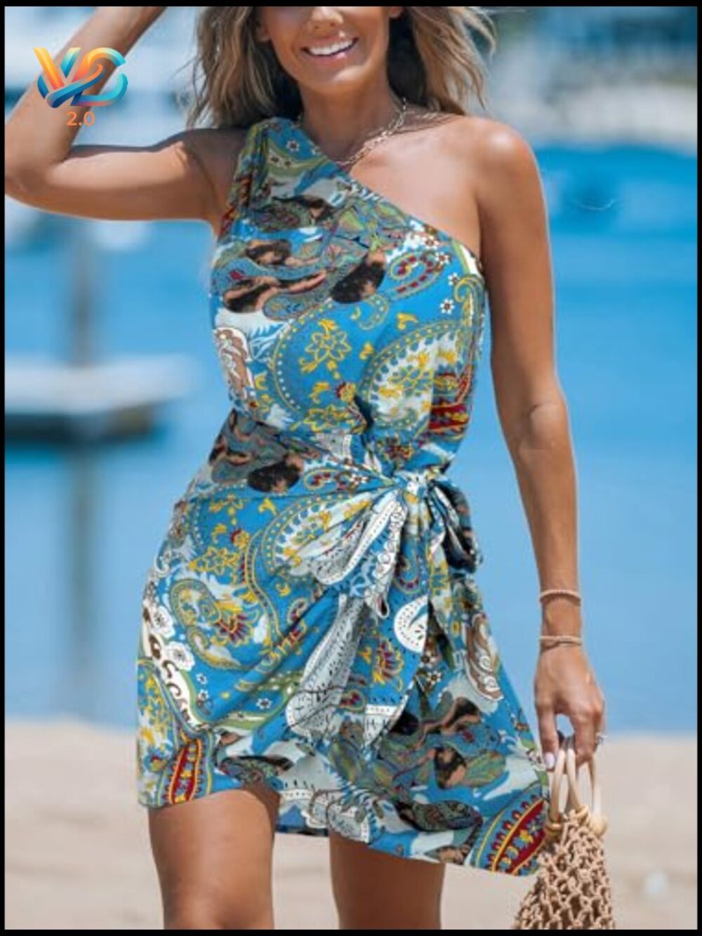 One Shoulder Leaf Print Self-tie Short Dress Sleeveless Tiered Hem - Picture 4 of 7